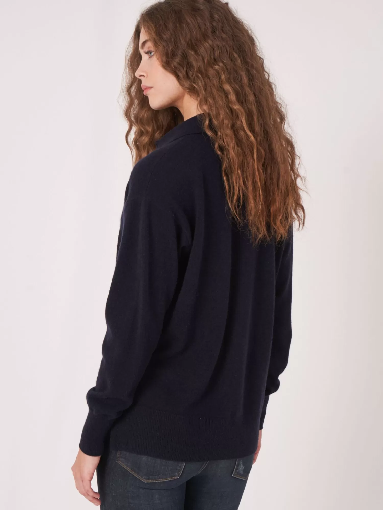 REPEAT cashmere Organisches Kaschmir>Bio-Kaschmir-Pullover Mit Polokragen Und Seitenschlitzen Navy